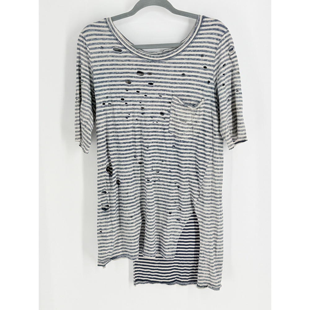 FP We the Free People Distressed Striped Tee Blue Womens M Nautical Fisherman - Picture 1 of 9